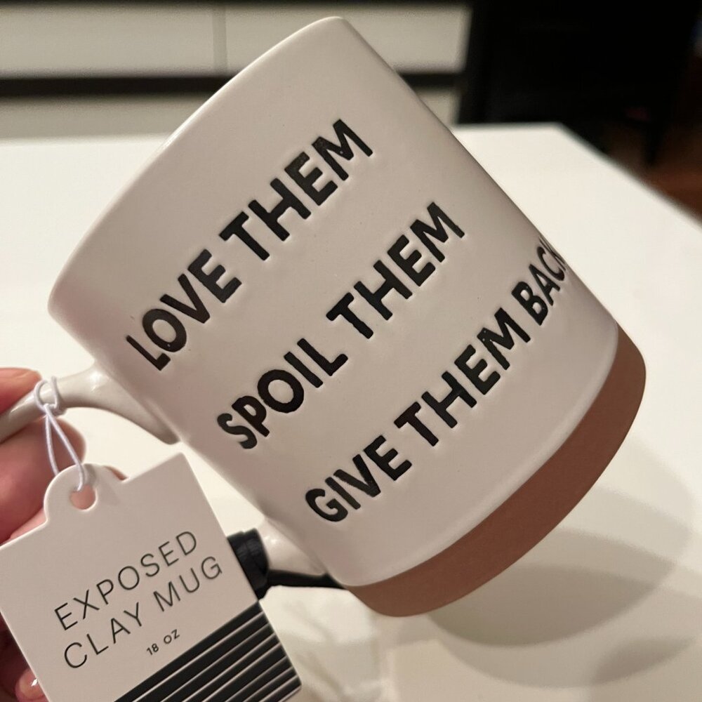 Funny Mug -Eccolo Exposed Clay‎ Mug 18oz Love Them Spoil Them Give Them Back New